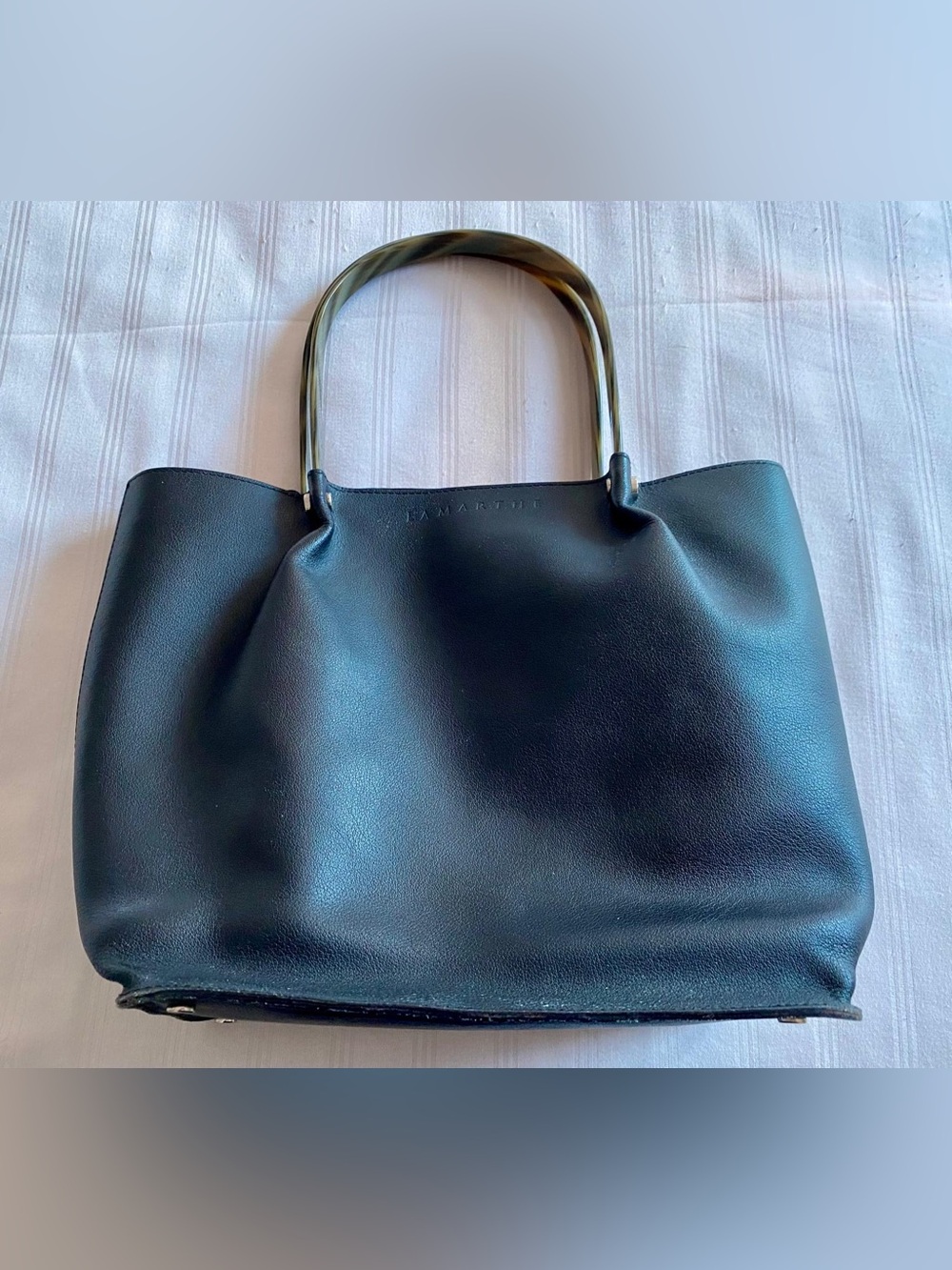 Leather Tote with Tortoiseshell-Effect Handles - Black